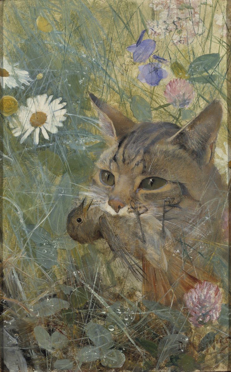 En katt med en ung fugl i munnen, 1885 av Bruno Andreas Liljefors