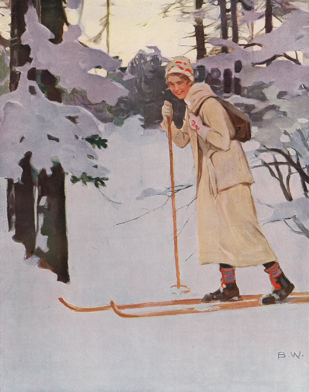 Kvinne på langrenn (fargelitografi) av Brynolf Wennerberg
