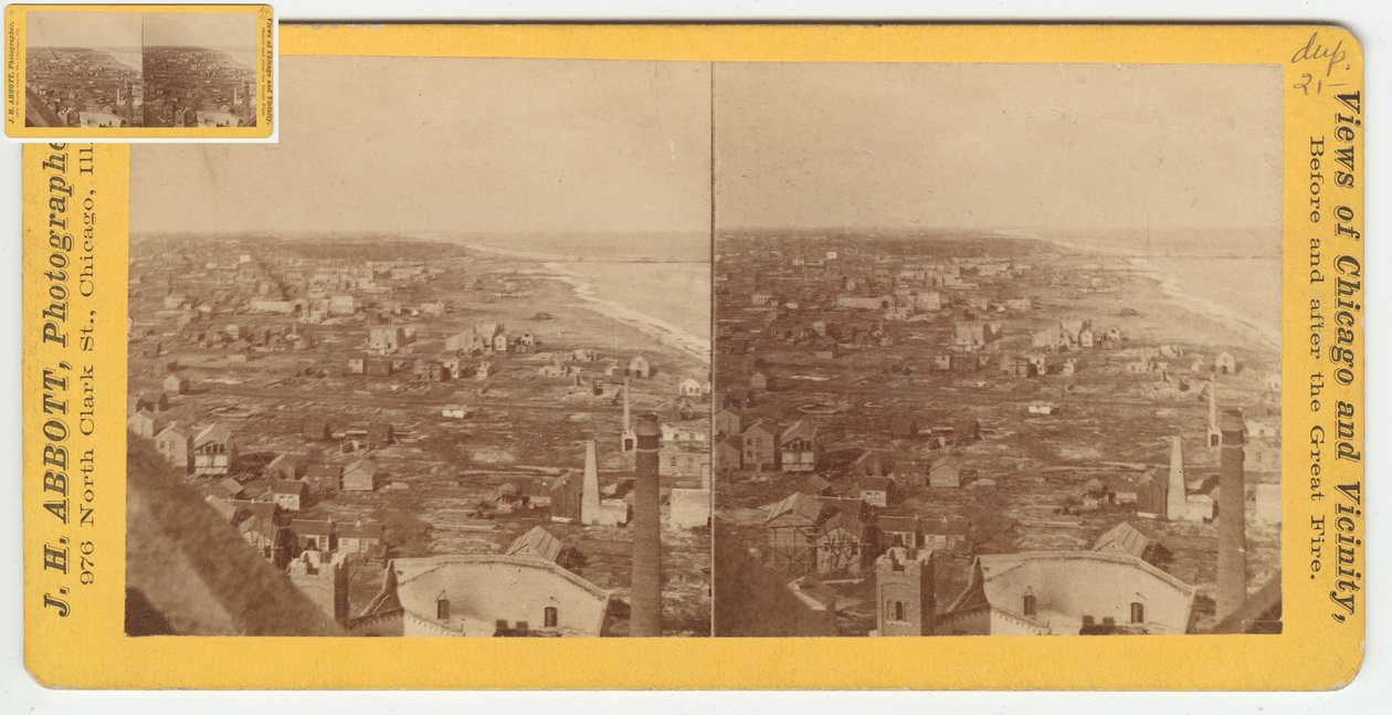 Stereograf av utsikt nordover fra vanntårnet etter Chicago-brannen i 1871, 1871 (bw-bilde på kortfeste) av Burke and Koretke Burke and Koretke