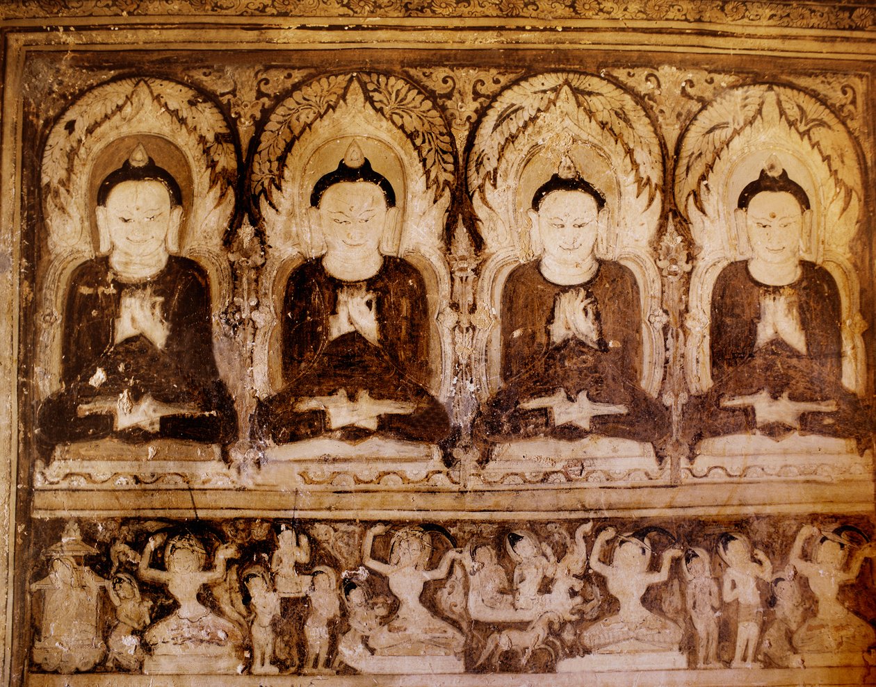 Fire Buddhaer (veggmaleri) av Burmese School