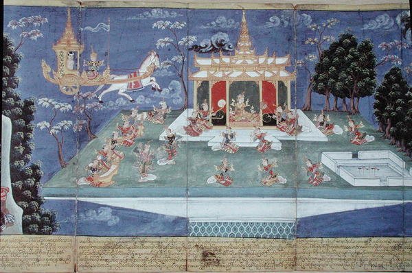 Ma 565 Kong Nimi i sin guddommelige vogn sendt av Indra og ledet av engelen Matali, besøker himmelen og finner kvinner med uforlignelig skjønnhet, fra Nimi Jataka, 1869 av Burmese School