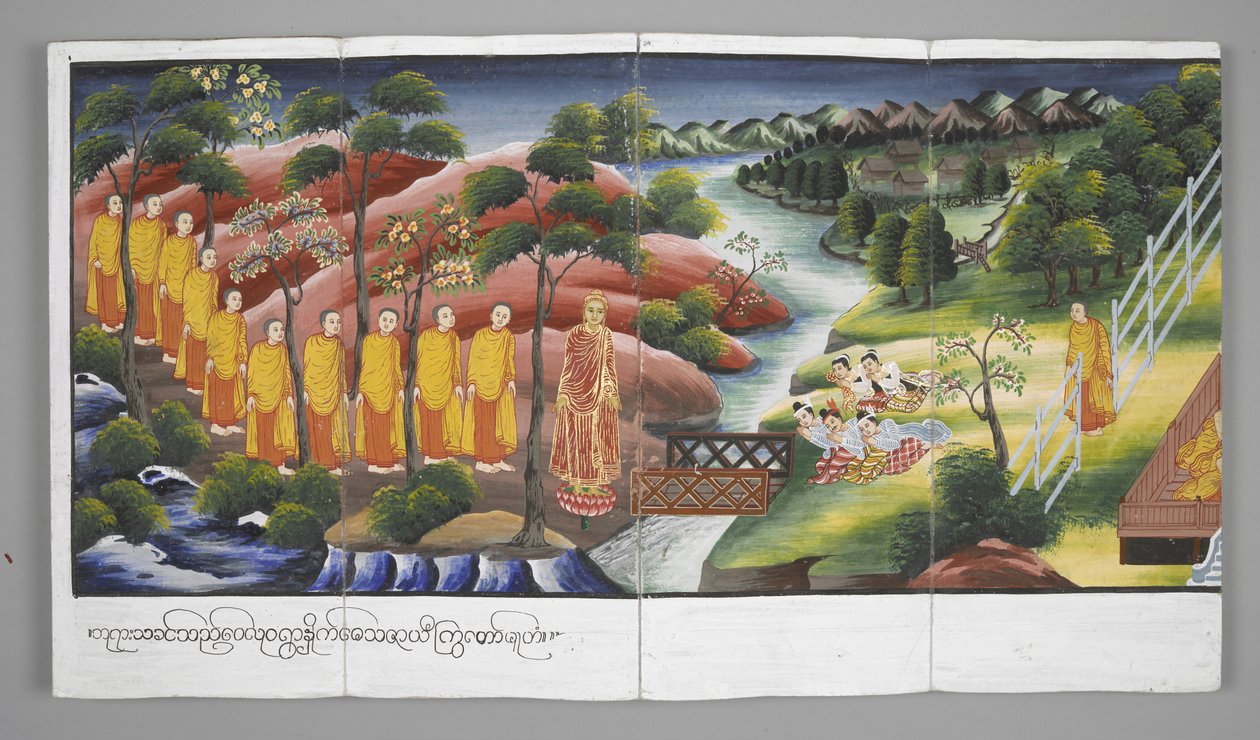 Eller. 13534, f.23 Munker som krysser en elv, Scener fra Buddhas liv (pergament) av Burmese School