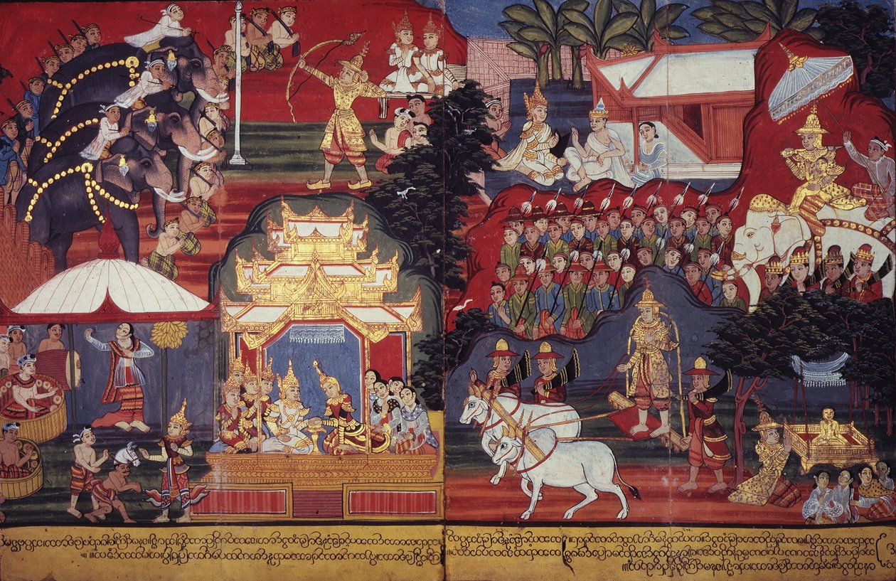 Eller 14297 fol.8-9 The Future Buddha Grows Up, ca. 1800-20 (gouache på papir) av Burmese School