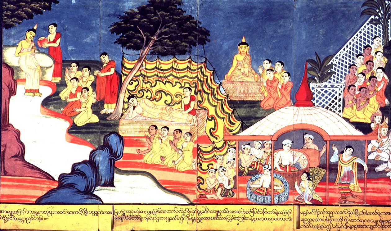 Eller 14298 fol.16-17 Buddha bader, ca. 1800-20 (gouache på papir) av Burmese School