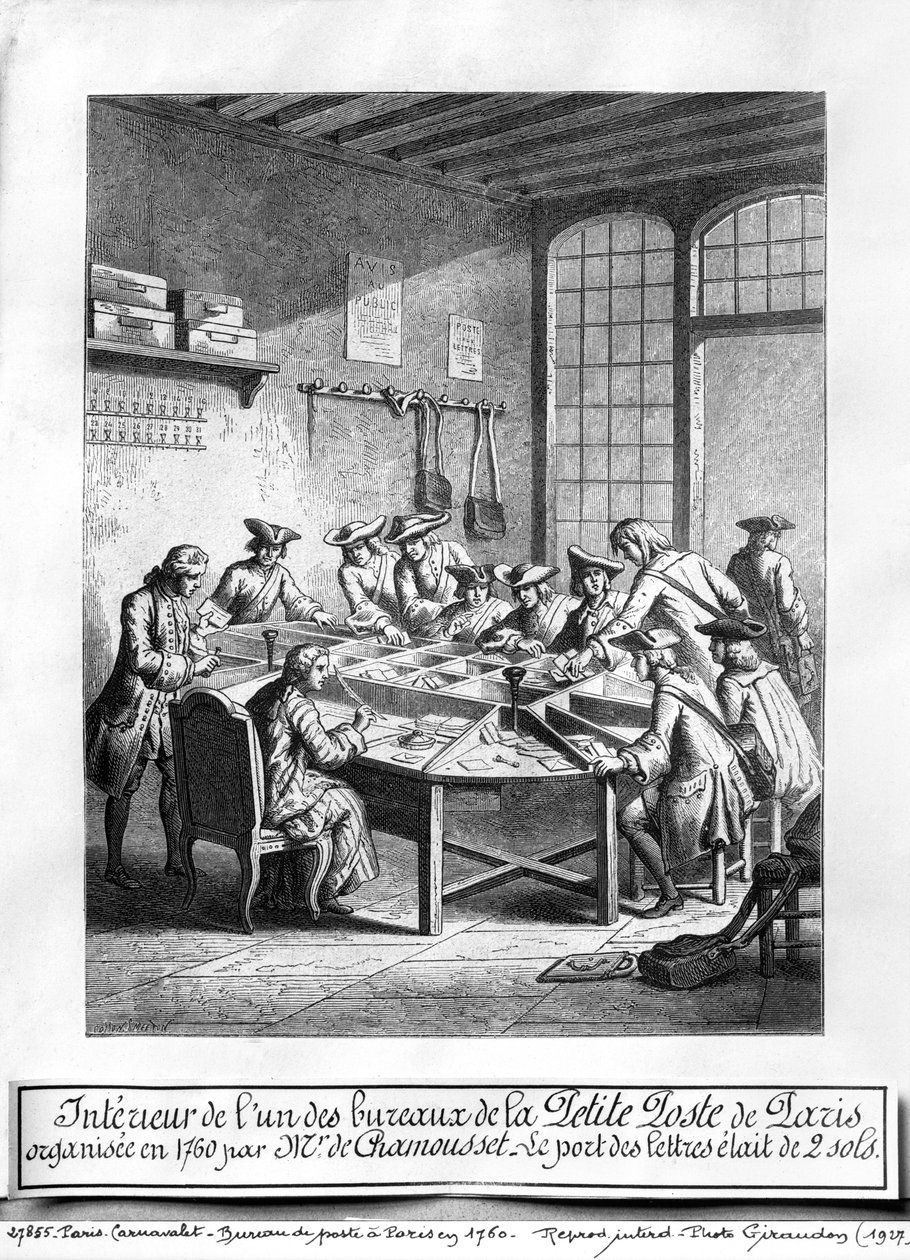 Interiør av det lille postkontoret i Paris i 1760 av Burn Smeeton