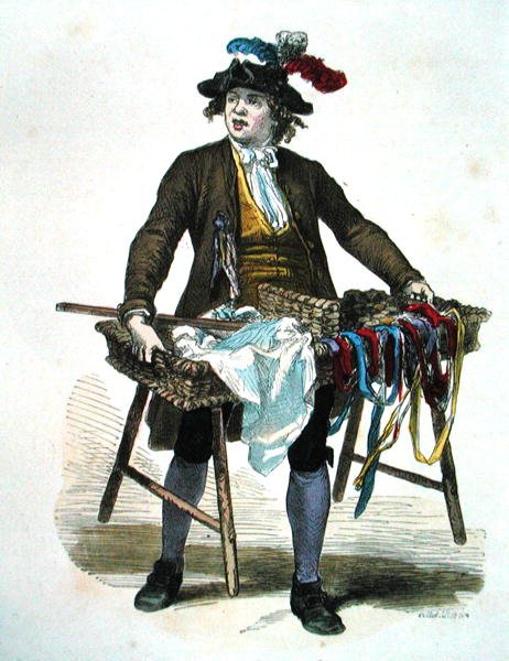 Båndselger i 1774 (fargegravering) av Burn (fl.1840 60) Smeeton