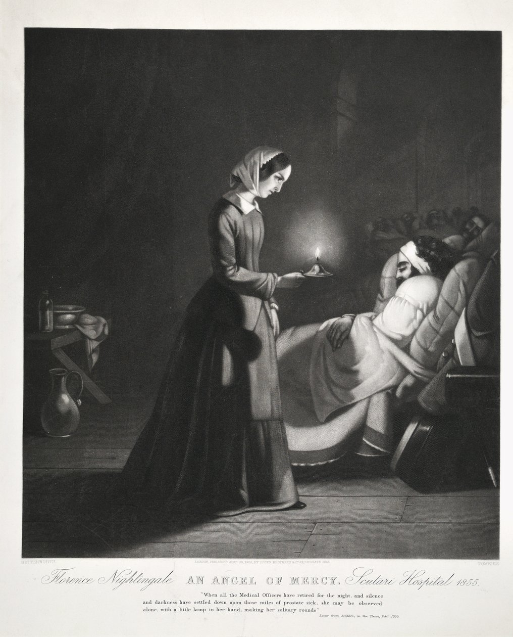 Florence Nightingale, An Angel of Mercy, Scutari Hospital, gravert av Tomkins, 1855 av Butterworth