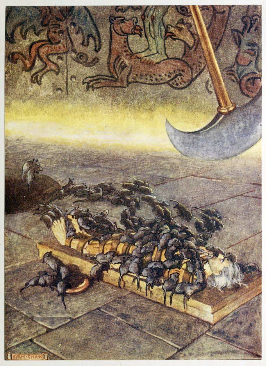 "De svermet over meg i stadig akkumulerende hauger.", fra Selected Tales of Mystery, pub. 1909 (farge litho) av Byam Shaw