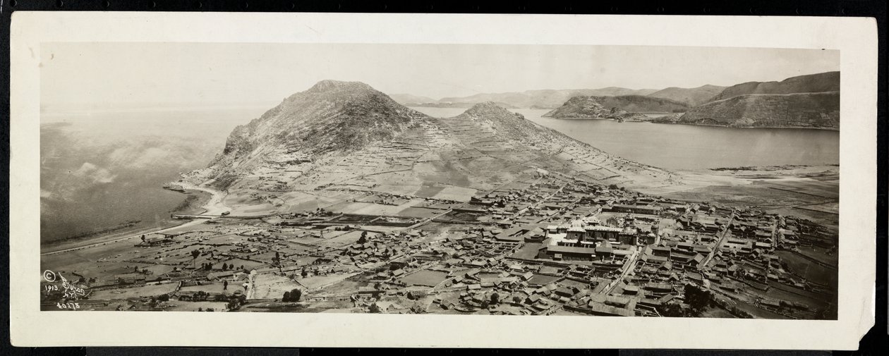 Fugleperspektiv av en by, antagelig på eller i nærheten av Panamakanalen, 1913 (sølvgelatintrykk) av Byron Company