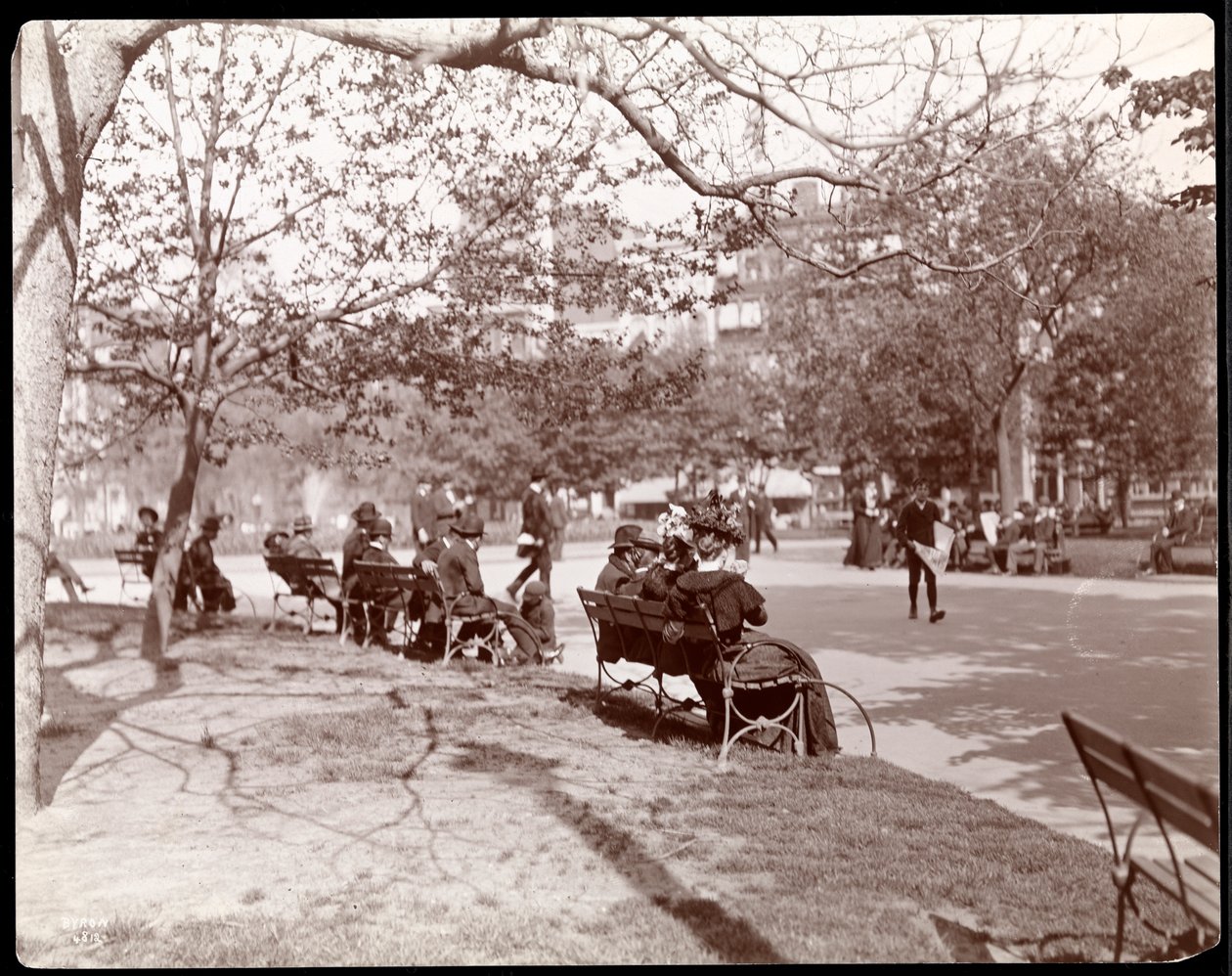 Folk på parkbenker på Union Square, New York, 1898 (sølv gelatintrykk) av Byron Company