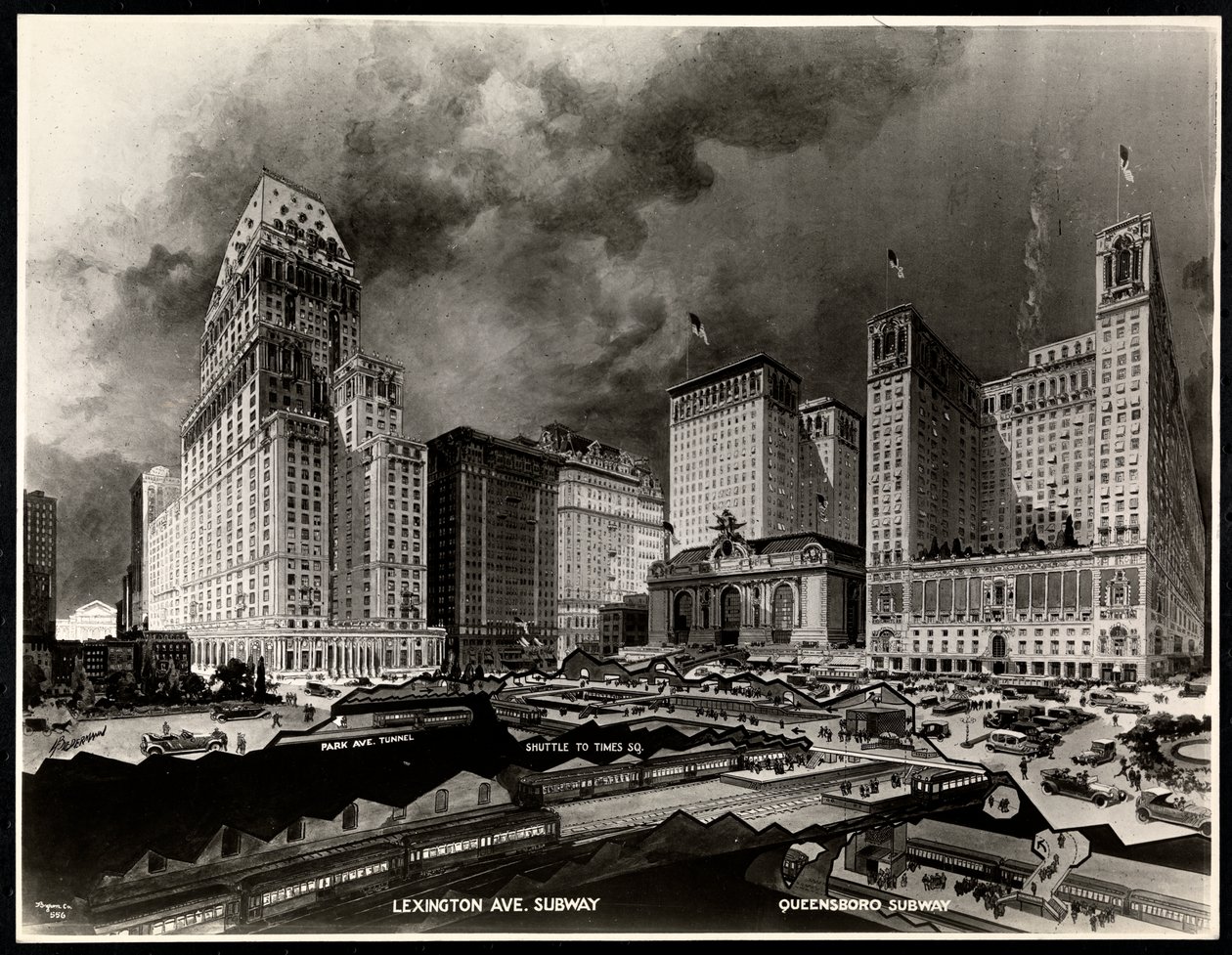 Fotografi av en tegning av T-baneruter rundt Pershing Square av H. Biedermann, 1919 (sølv gelatintrykk) av Byron Company