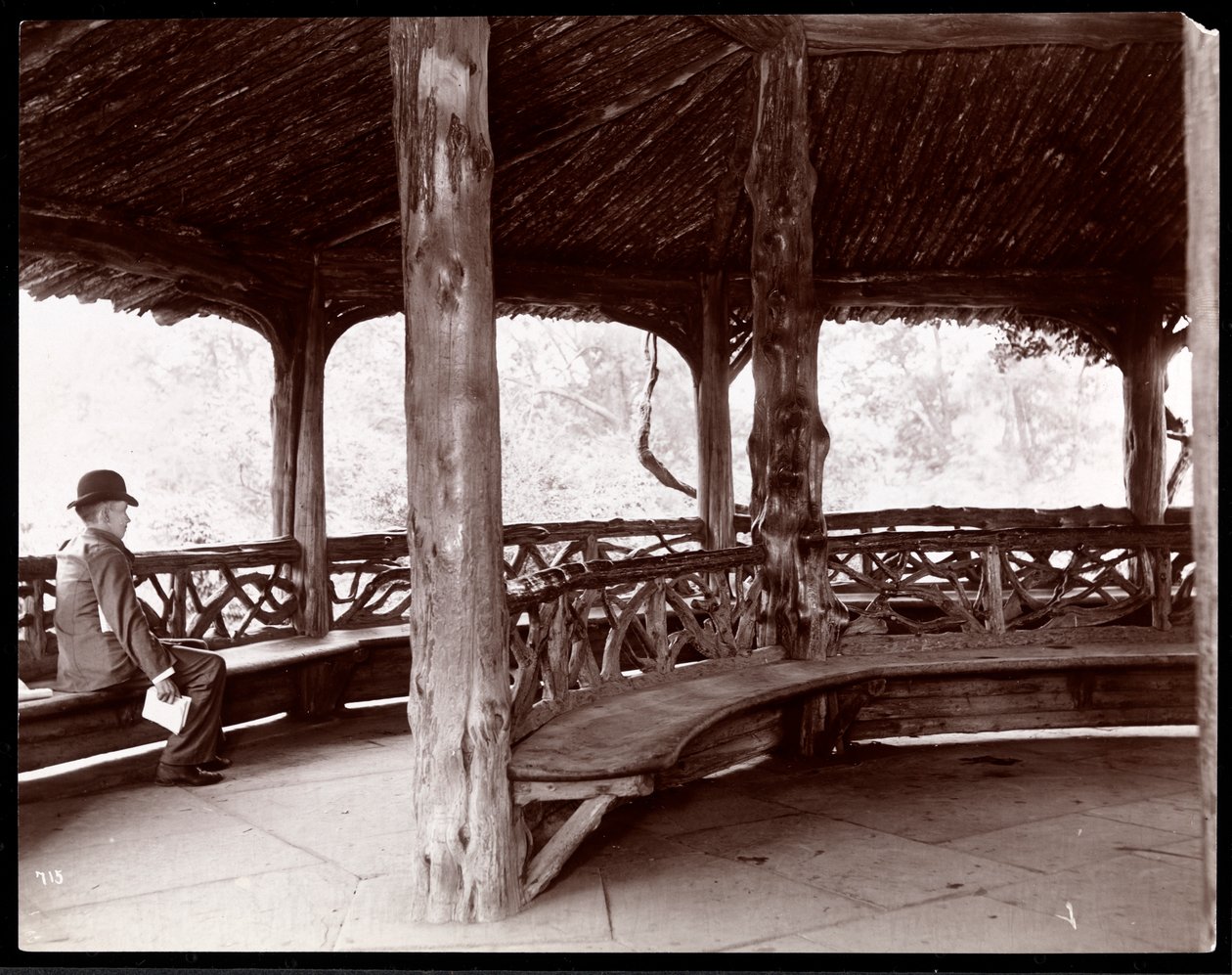 Utsikt over en mann som sitter i en rustikk landskapspaviljong i Central Park, New York, 1895 (sølvgelatintrykk) av Byron Company