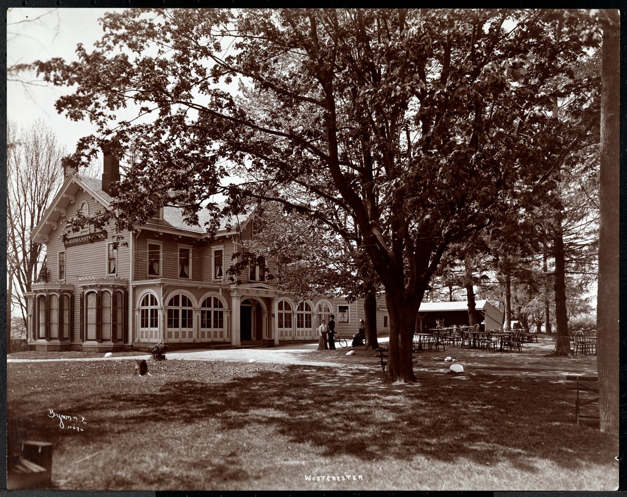 Utsikt gjennom trærne på Woodmansten Inn, Westchester, New York, 1901 (sølv gelatintrykk) av Byron Company
