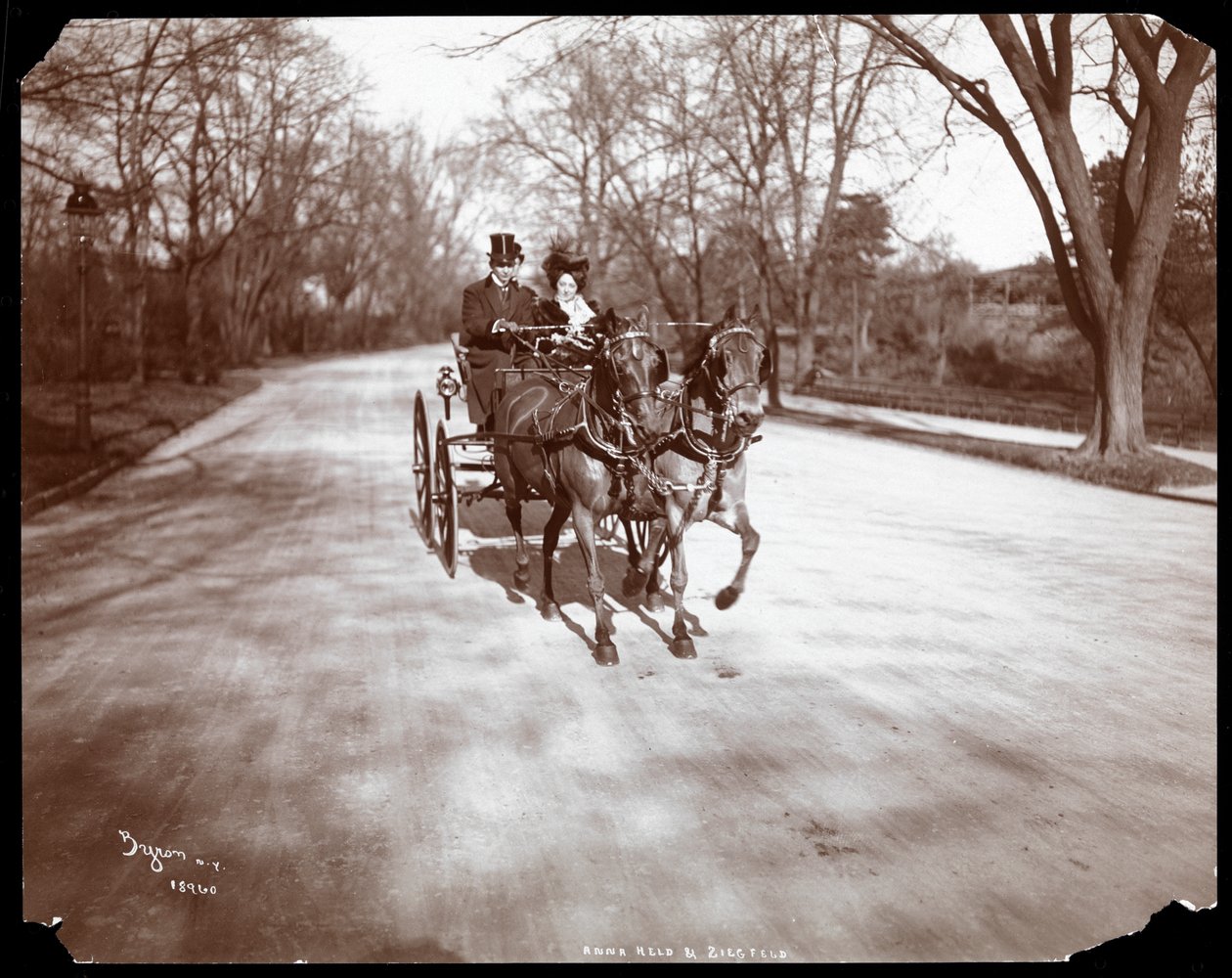 Anna Held og Florenz Ziegfeld kjører en hestevogn, New York, 1904 (sølv gelatintrykk) av Byron Company