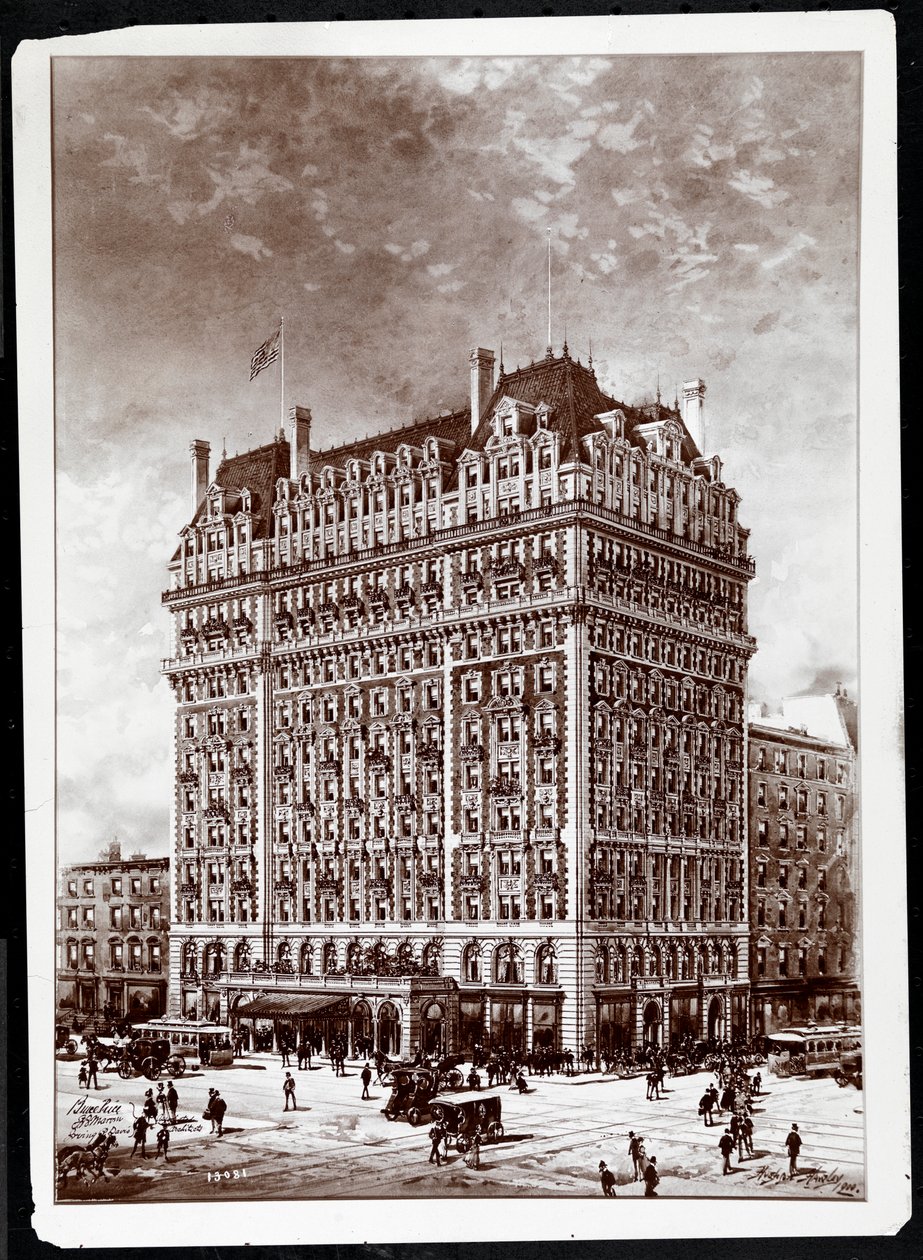 Fotografi av en tegning av Hotel Knickerbocker, sørøstre hjørne, 42nd Street og Broadway, New York, 1900, av Hughson Frederick Hawley (1850-1936), trykt i 1902 av Byron Company