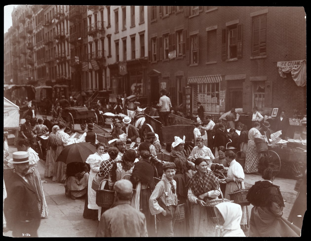 Utsikt over publikum og kjøpmenn på Hester Street, New York, 1899 (sølv gelatintrykk) av Byron Company