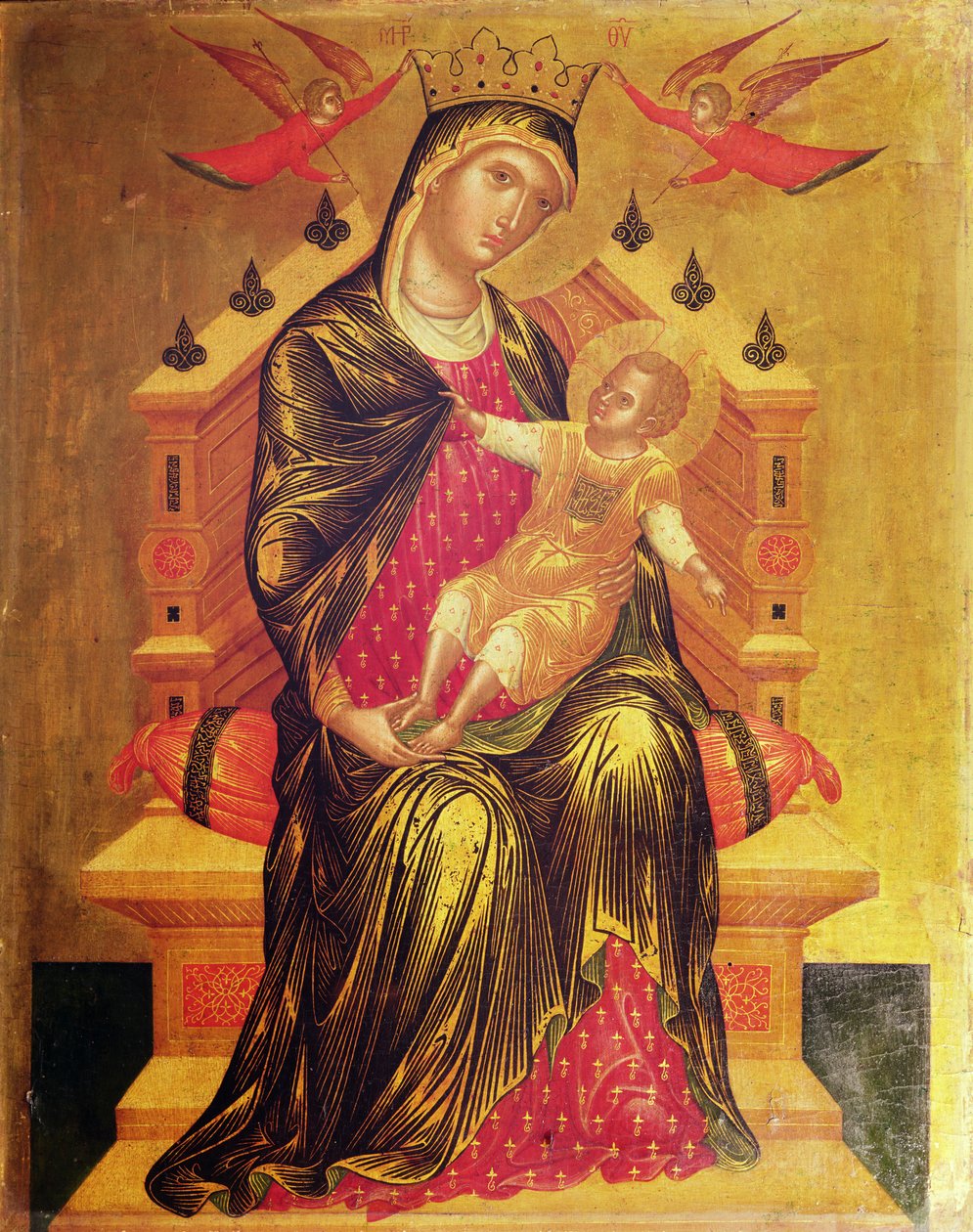 Madonna og barn troner med to engler (tempera på panel) av Byzantine