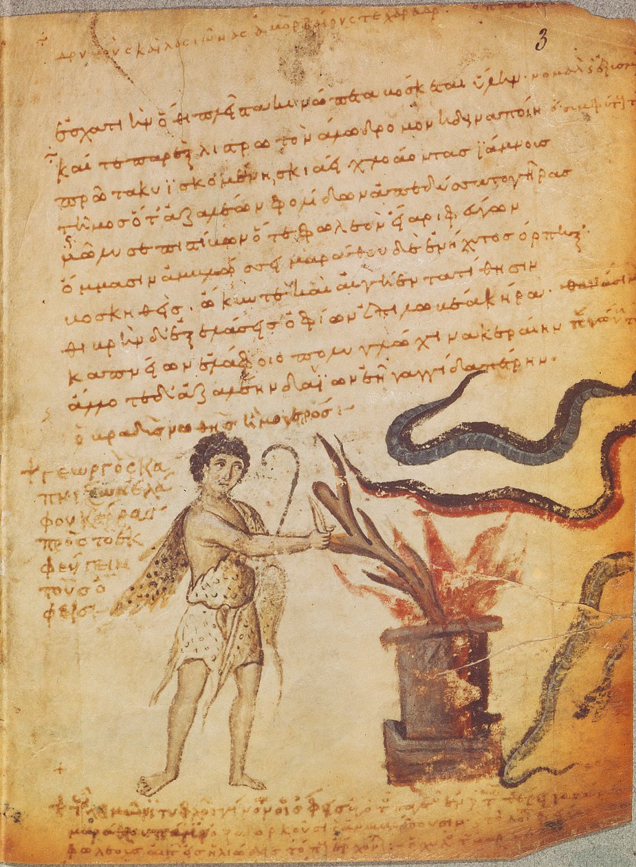 Ms Supp Grec 247 fol.3 En gjeter som brenner gevir for å forvise slanger, fra Theriaca av Nicander av Colophon (fl. 2. århundre f.Kr.) av Byzantine