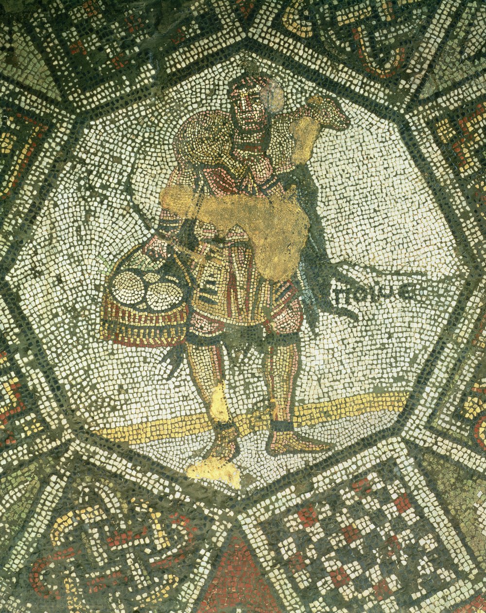 Bonde som bærer en søye og en kurv med ost, fra det keiserlige palasset i Konstantinopel, 500-600-tallet (mosaikk) av Byzantine