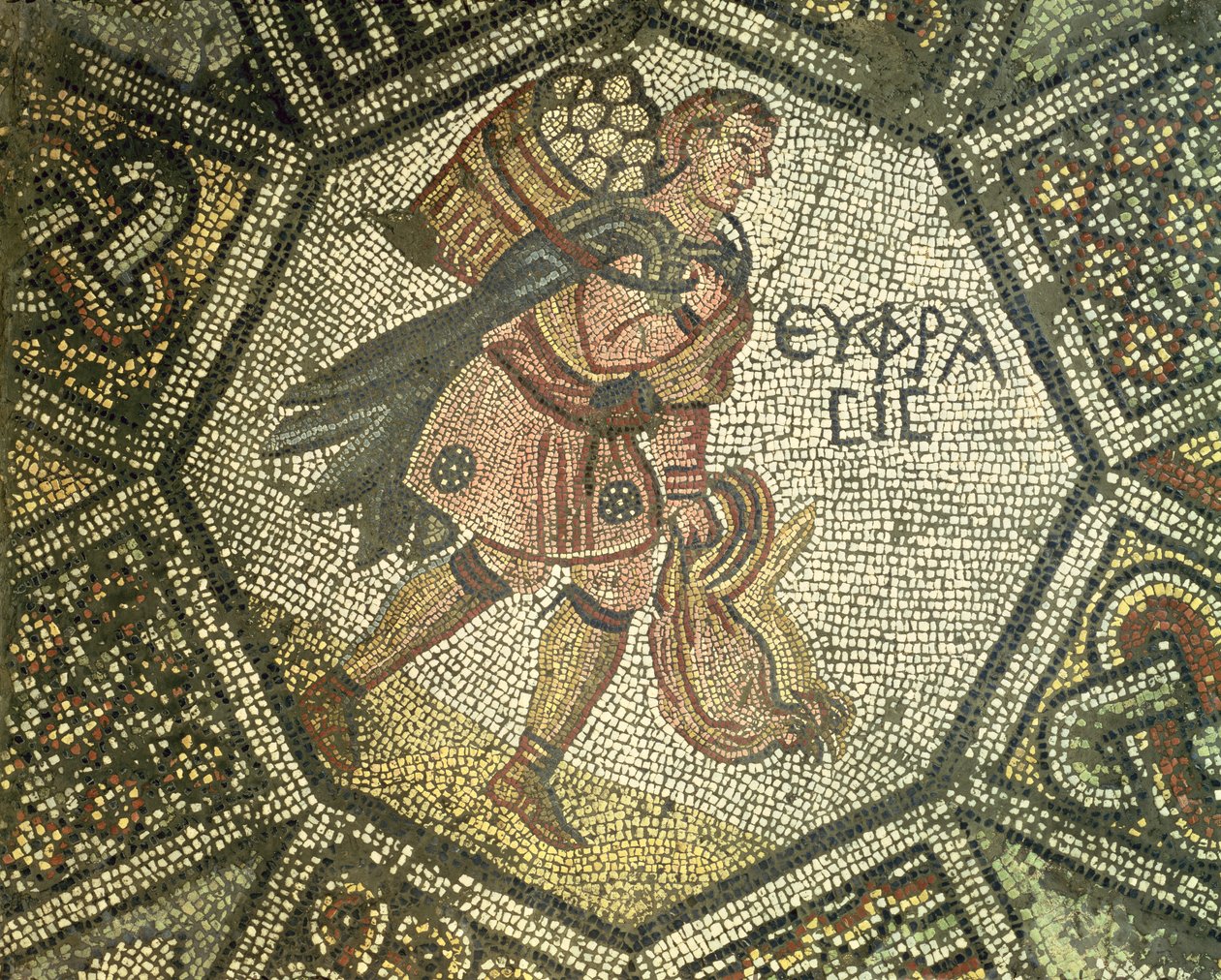 Bonde som bærer kyllinger og en kurv med egg, 500-600-tallet (mosaikk) av Byzantine