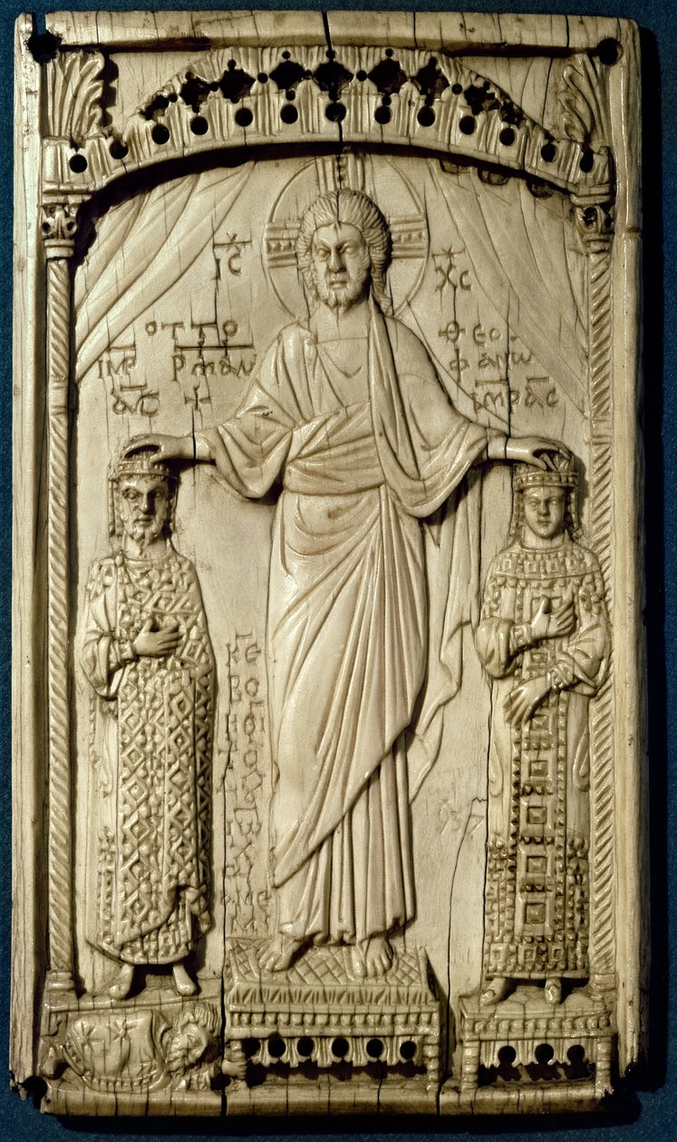 Kroningen av Otto II (955-983) og Theophrano (958-991) fra en plakettbinding, ca. 982-983 av Byzantine