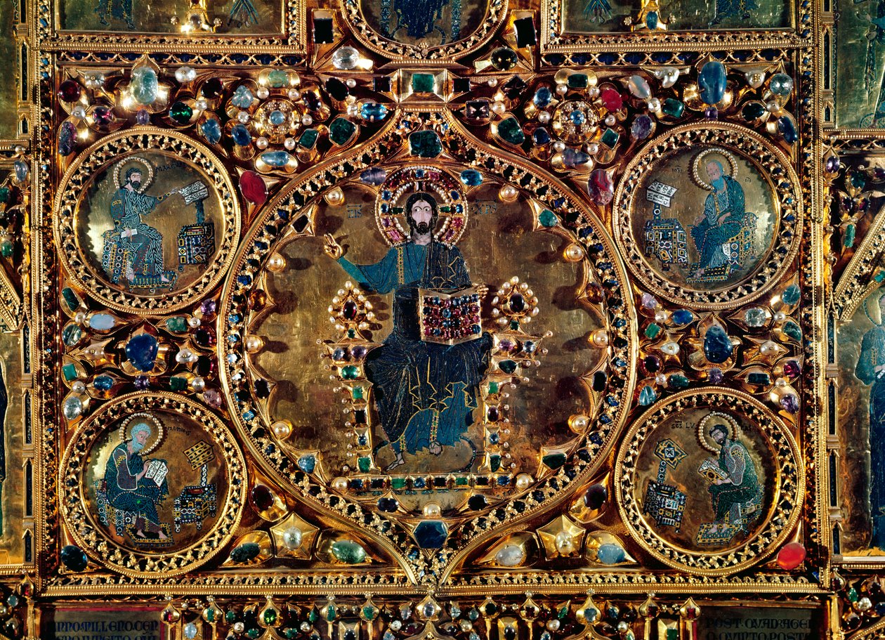 Pala dOro, detalj av Kristus i Majestet med evangelistenes gull og emalje innlagt med edelstener av Byzantine