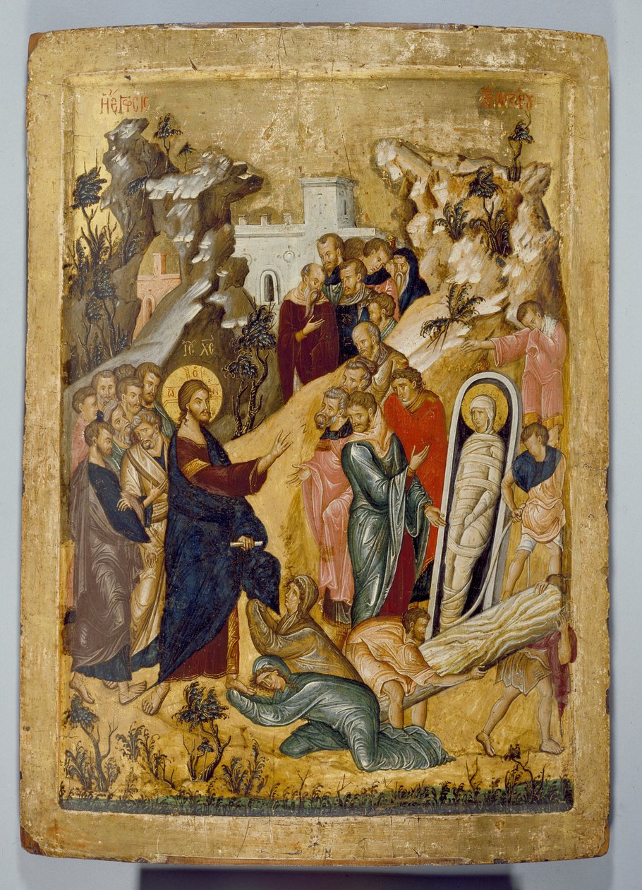 The Raising of Lazarus, 1300-tallet (tempera og bladgull på panel) av Byzantine