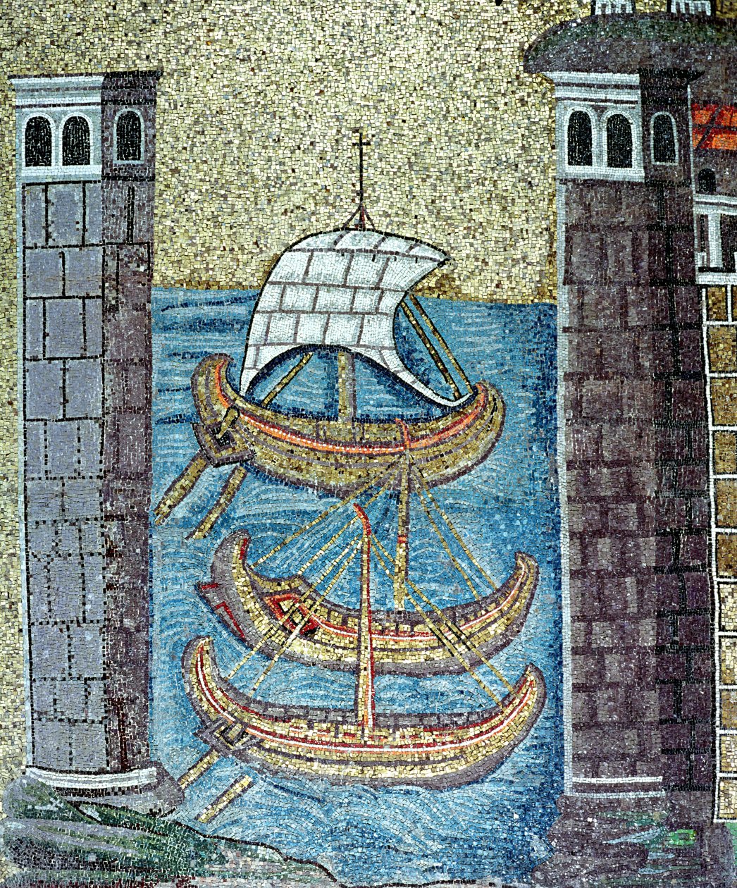 Tre skip kommer inn i havnen i Ravenna, detalj fra skipet (mosaikk) av Byzantine