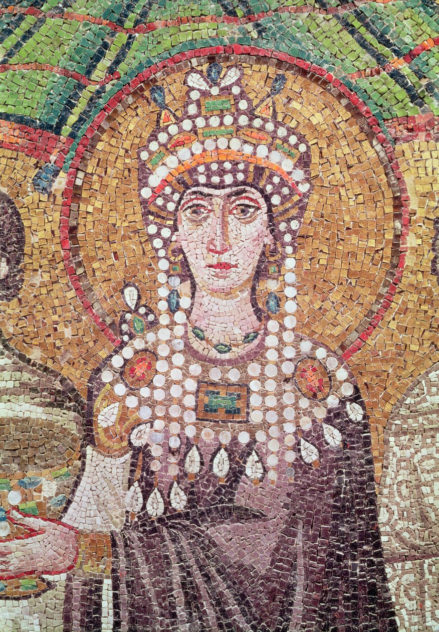 Keiserinne Theodora med hennes hoff av to ministre og syv kvinner, detalj av Theodora, ca. 547 e.Kr. av Byzantine School
