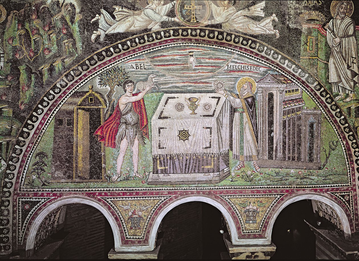 Abel ofrer et lam og Melkisedek ofrer brød ved alteret, lunette på sørveggen av basilikaen (mosaikk) av Byzantine School