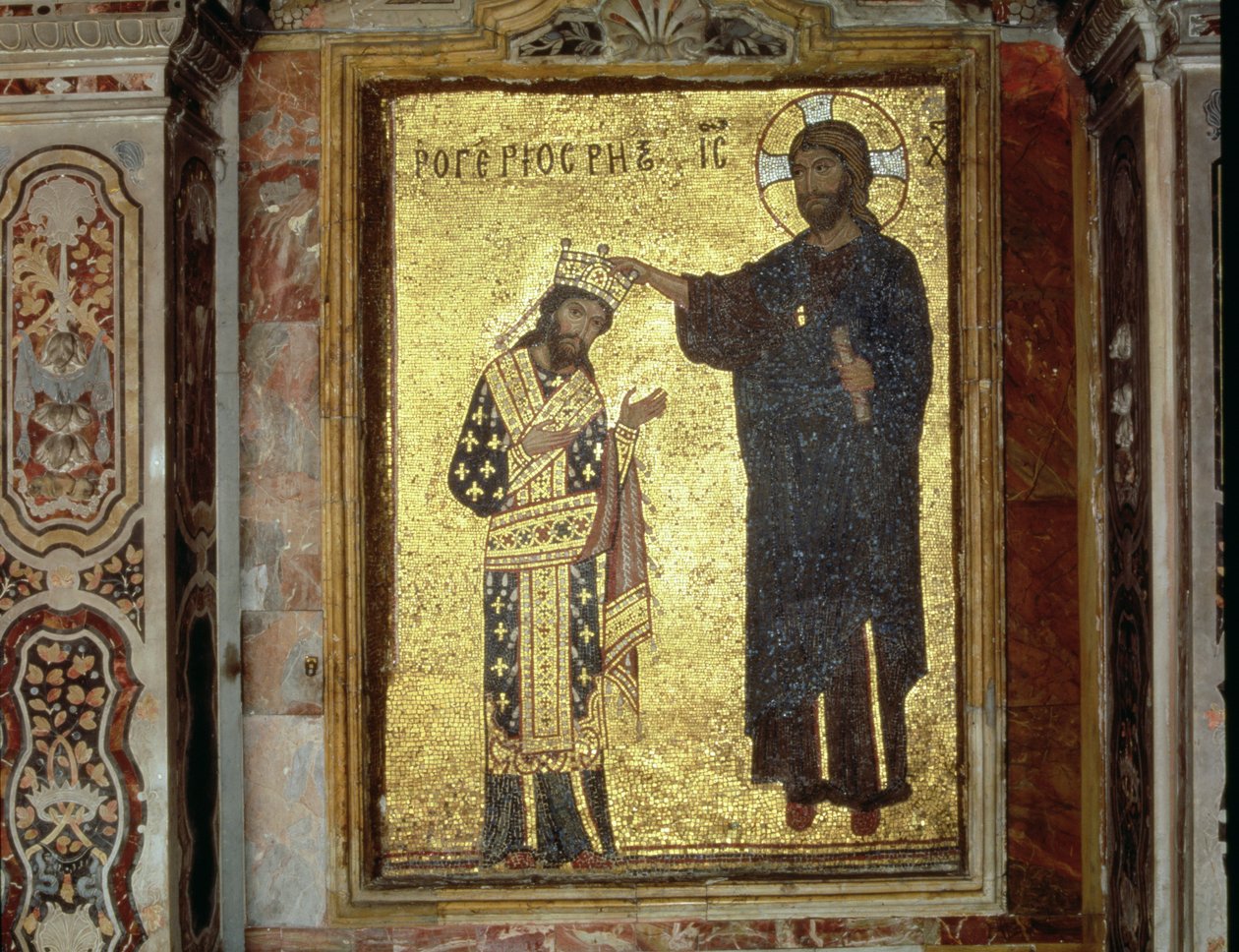 Kristus som kroner konge Roger II av Sicilia (1093-1154) (mosaikk) av Byzantine School