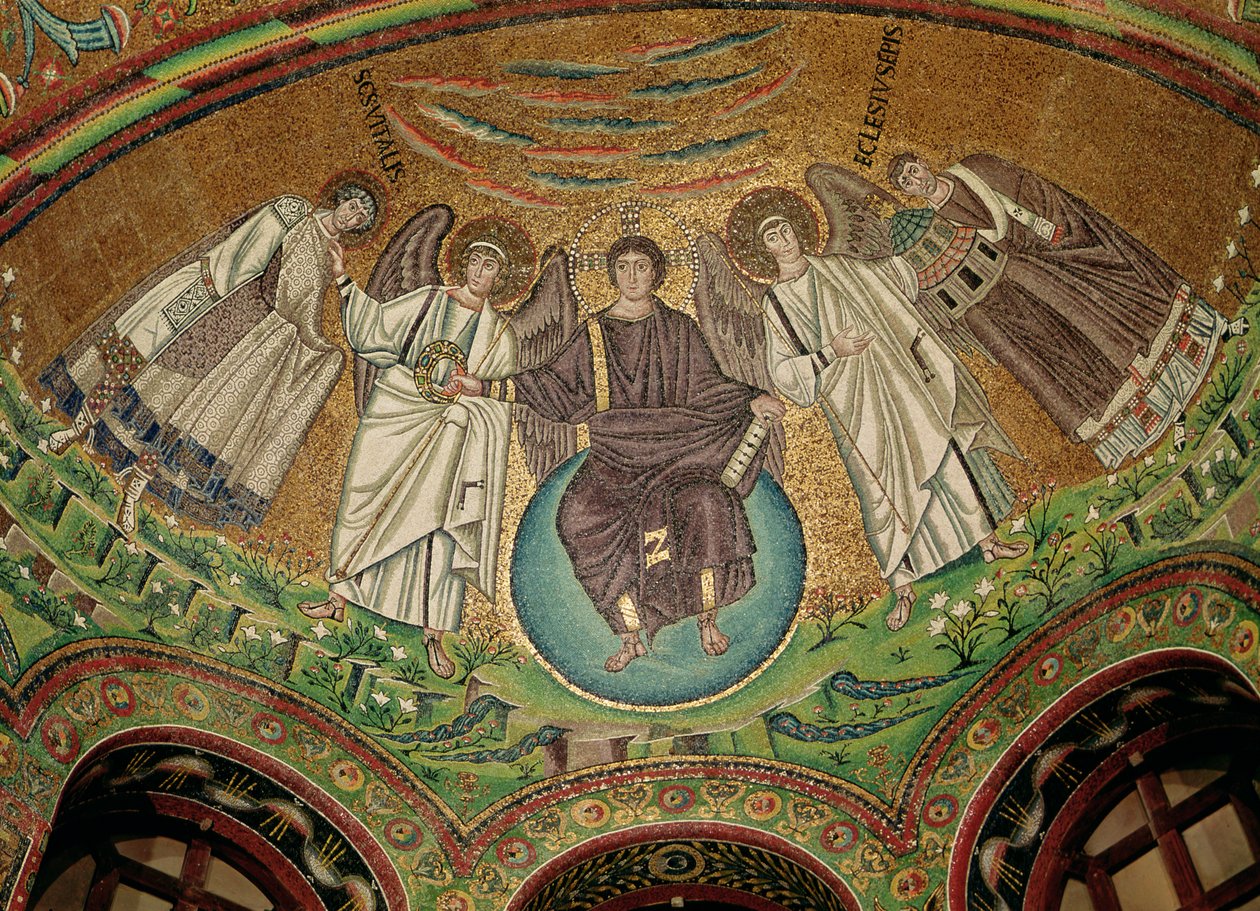 Kristus omgitt av to engler, St. Vitalis og biskop Ecclesius, fra apsis (mosaikk) av Byzantine School