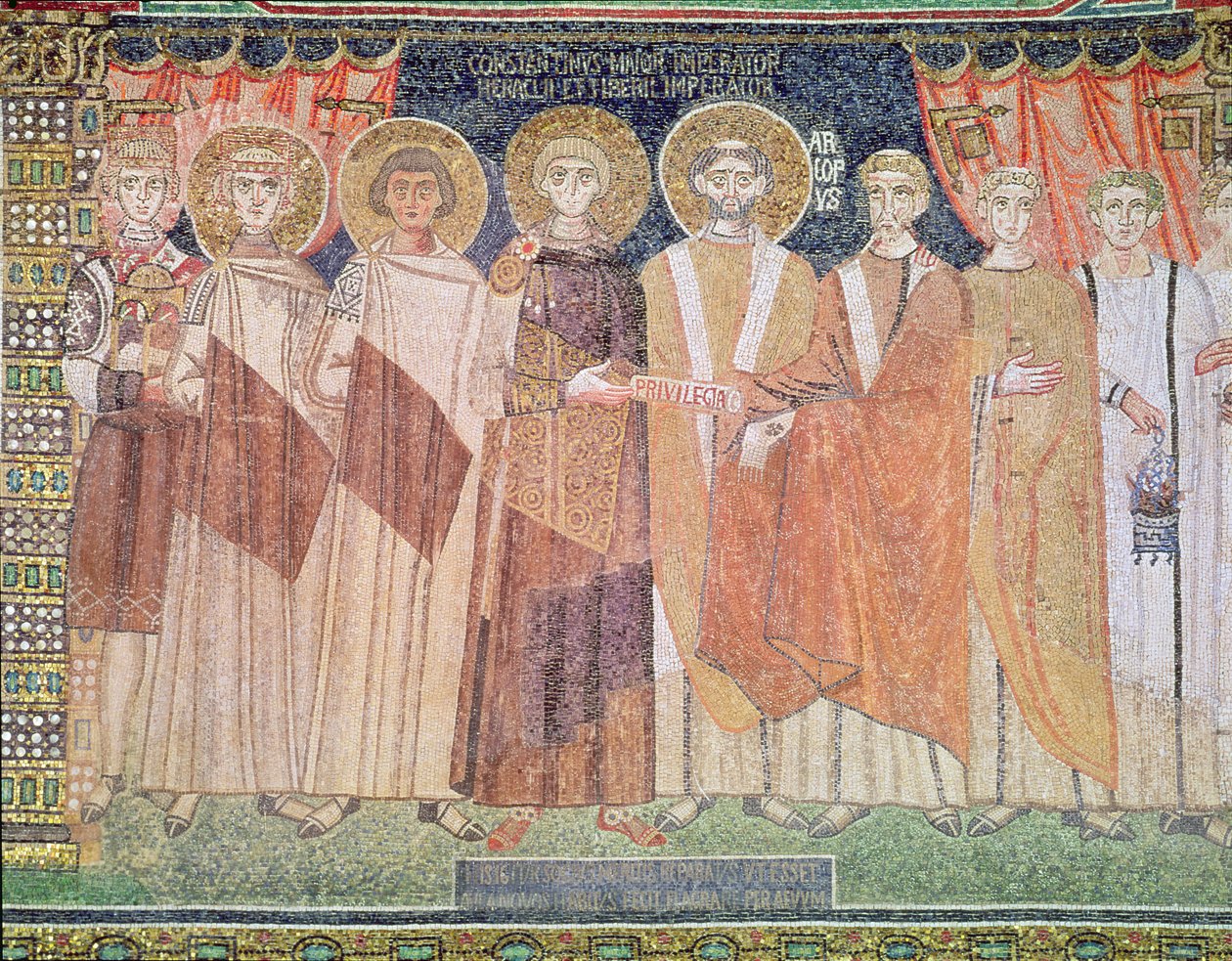 Konstantin IV gir biskop Reparatus privilegier for kirken Ravenna, 671-77 (mosaikk) av Byzantine School