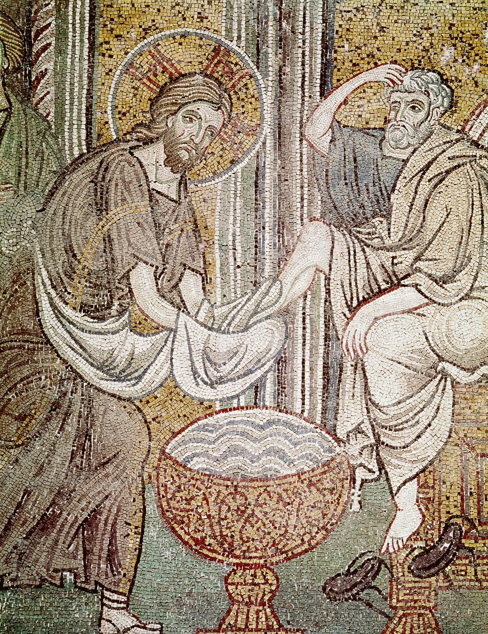 Jesus og St. Peter, detalj fra Jesus som vasker føttene til apostelen (mosaikk) av Byzantine School