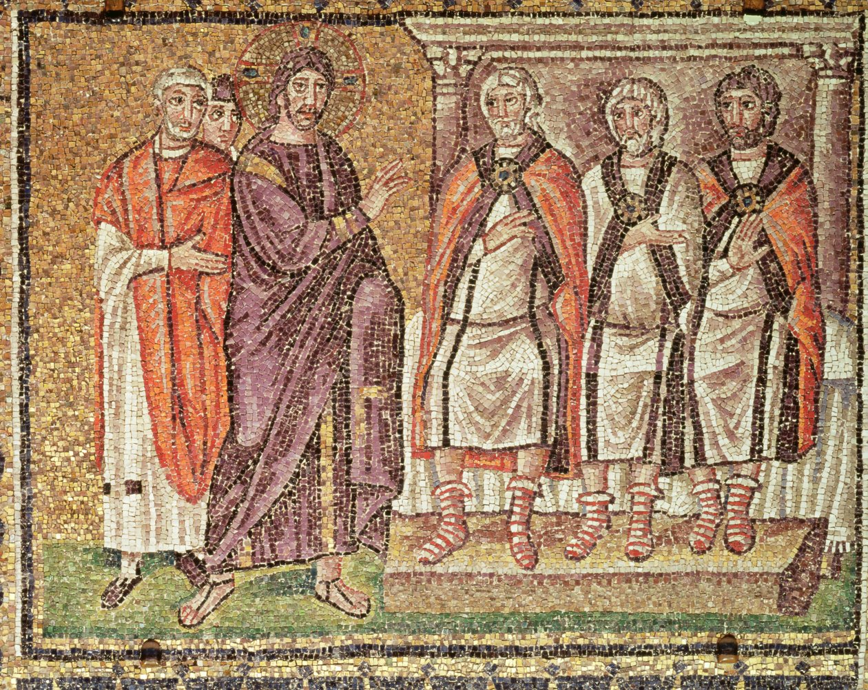 Jesus før Kaifos, scener fra Kristi liv (mosaikk) av Byzantine School