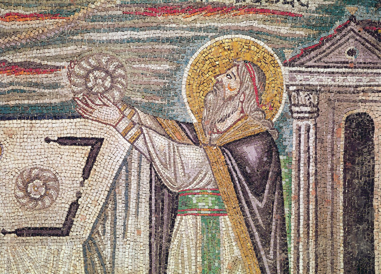 Melchisedech tilbyr brød ved alteret, detalj av lunetten på sørveggen som viser ofringene til Abel og Melkisedech (mosaikk) av Byzantine School