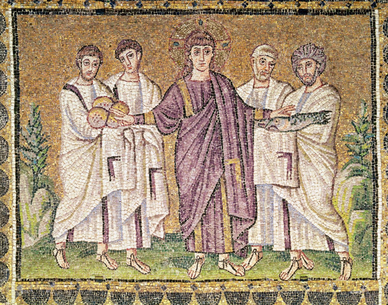 Multiplikasjon av brødet og fiskene, scener fra Kristi liv (mosaikk) av Byzantine School