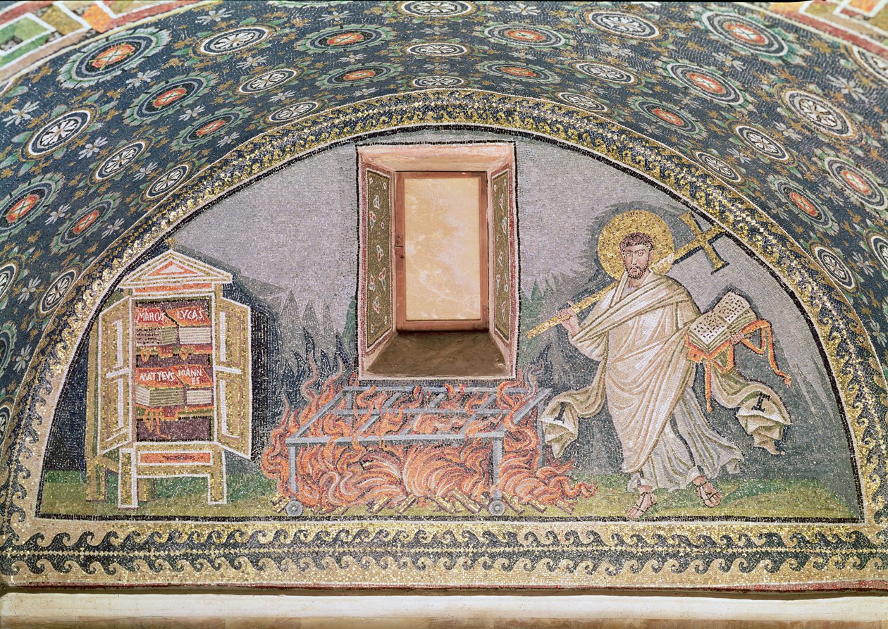 Sannsynligvis Saint Lawrence, martyrdød på en jerngrill (mosaikk) (detalj fra 182913) av Byzantine School