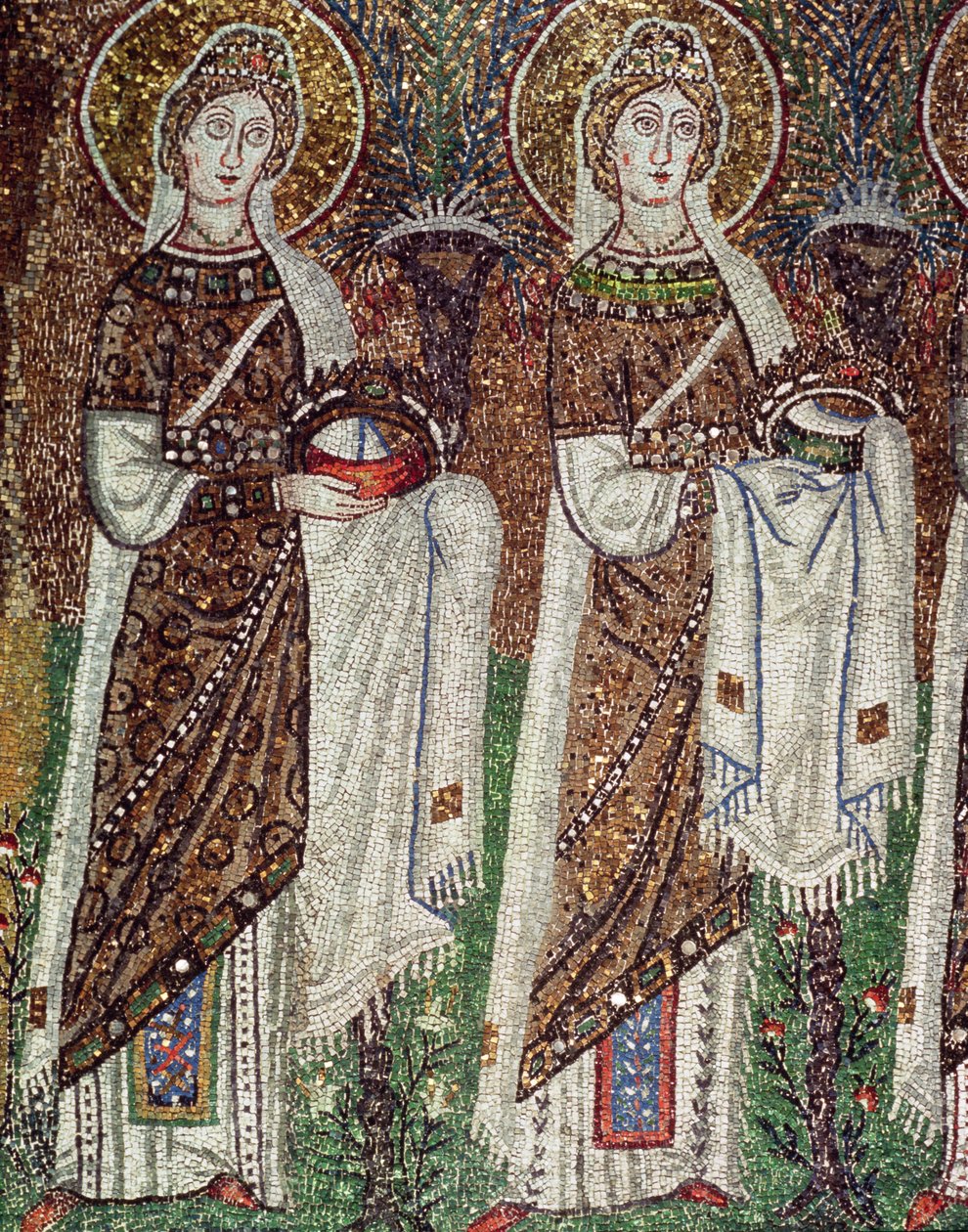 Procession of Virgin Martyrs, 527-99 (mosaikk) (detalj av 58073) av Byzantine School