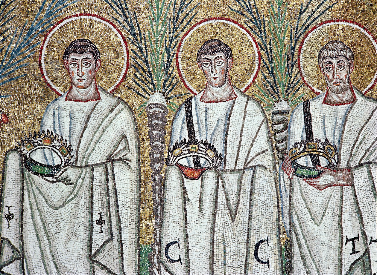 Procession of the Martyrs, 527-99 (mosaikk) (detalj av 58071) av Byzantine School