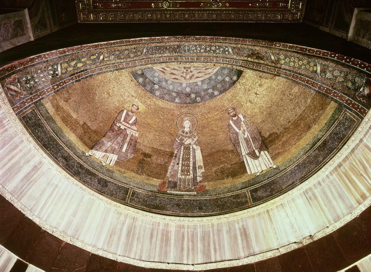 Saint Agnes mellom to paver, fra apsis, 625-36 (mosaikk) av Byzantine School