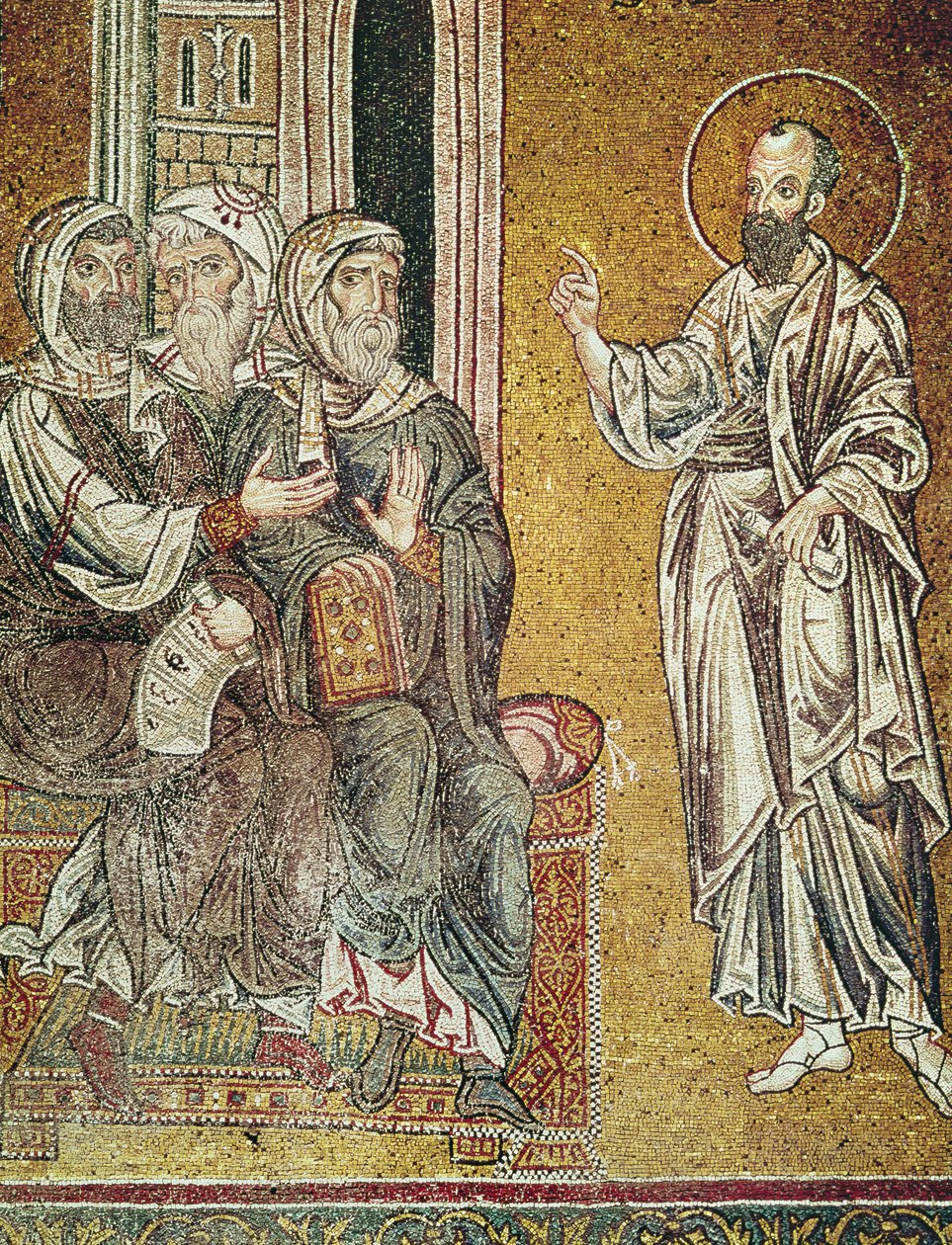 St. Paul forkynner for jødene i synagogen i Damaskus, fra scener fra St. Pauls liv (mosaikk) av Byzantine School