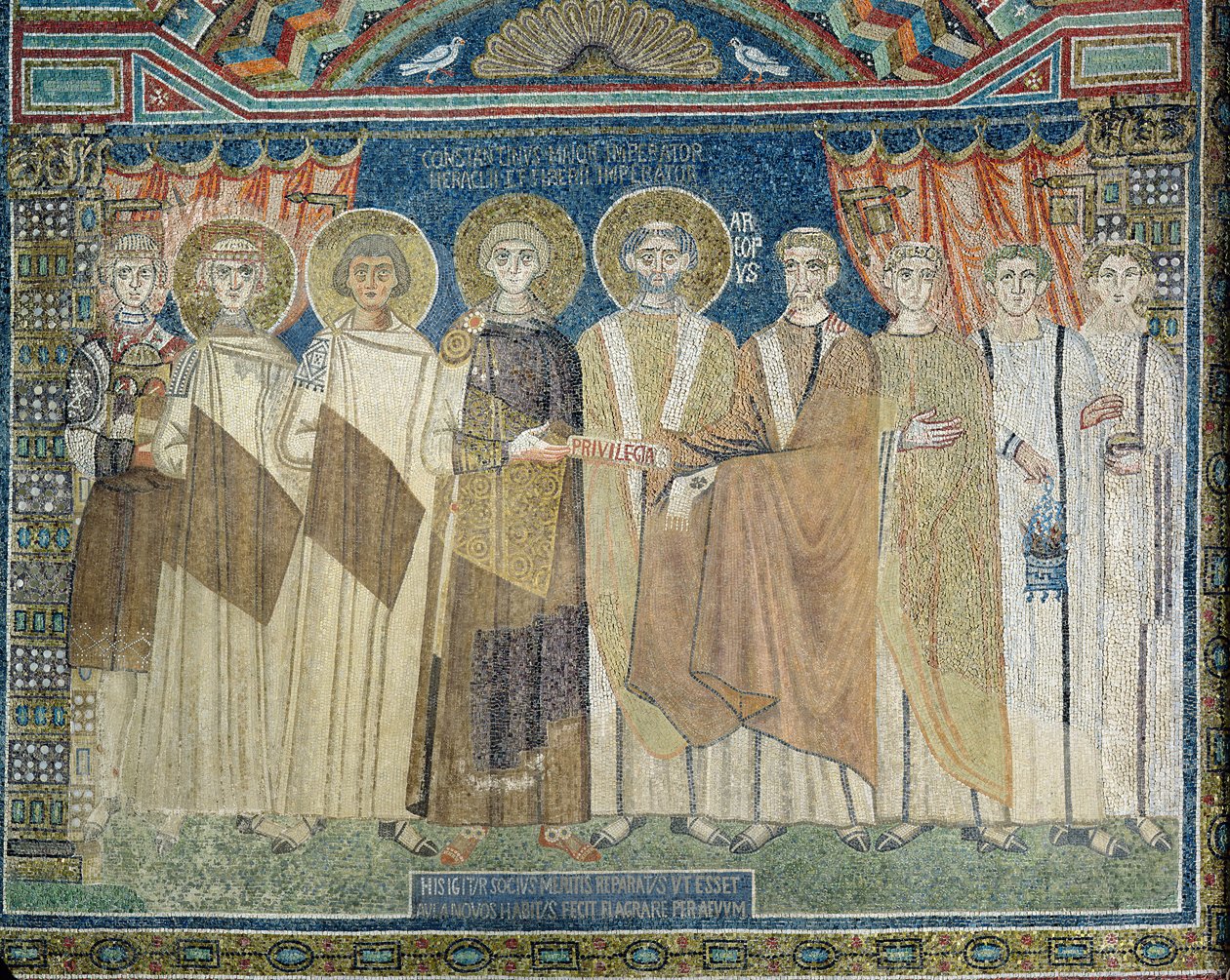 Keiser Konstantin IV gir skatteimmunitet til erkebiskopen av Ravenna (mosaikk) av Byzantine School