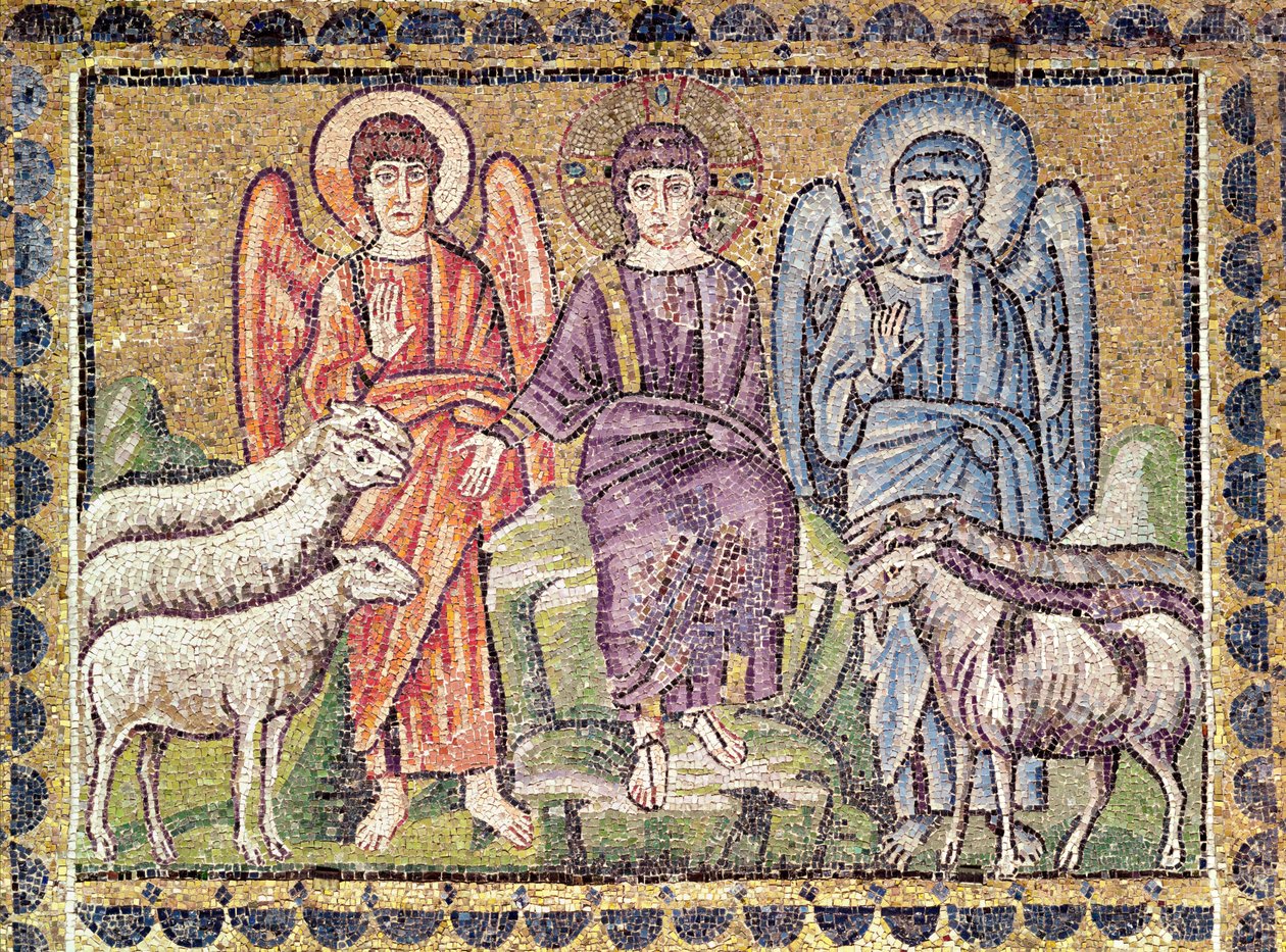 Lignelsen om den gode hyrde som skiller sauene fra geitene, scener fra Kristi liv (mosaikk) av Byzantine School