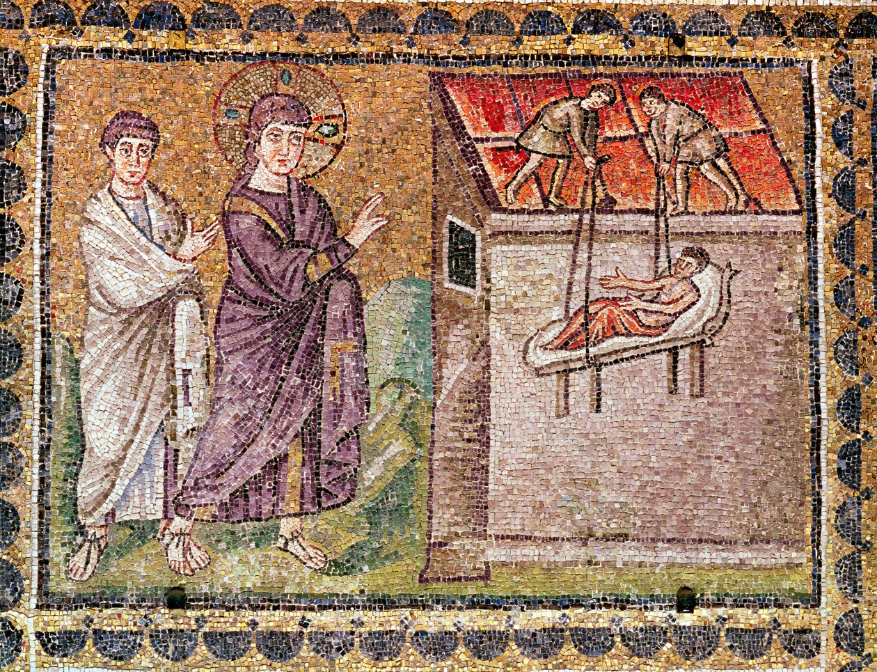 Den lamme fra Kaparnaum er senket fra taket, scener fra Kristi liv (mosaikk) av Byzantine School