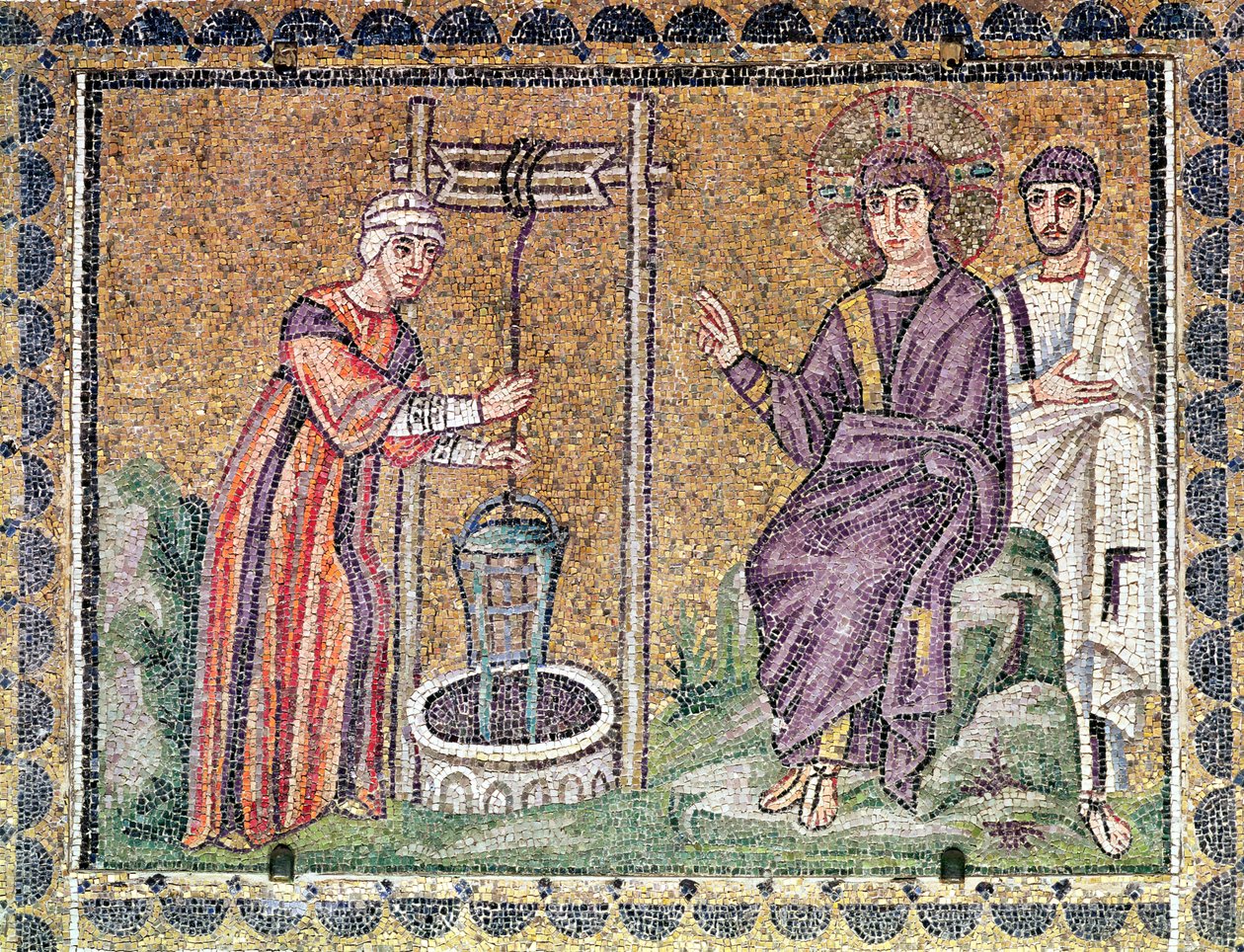 Kvinnen i Samaria ved brønnen, scener fra Kristi liv (mosaikk) av Byzantine School
