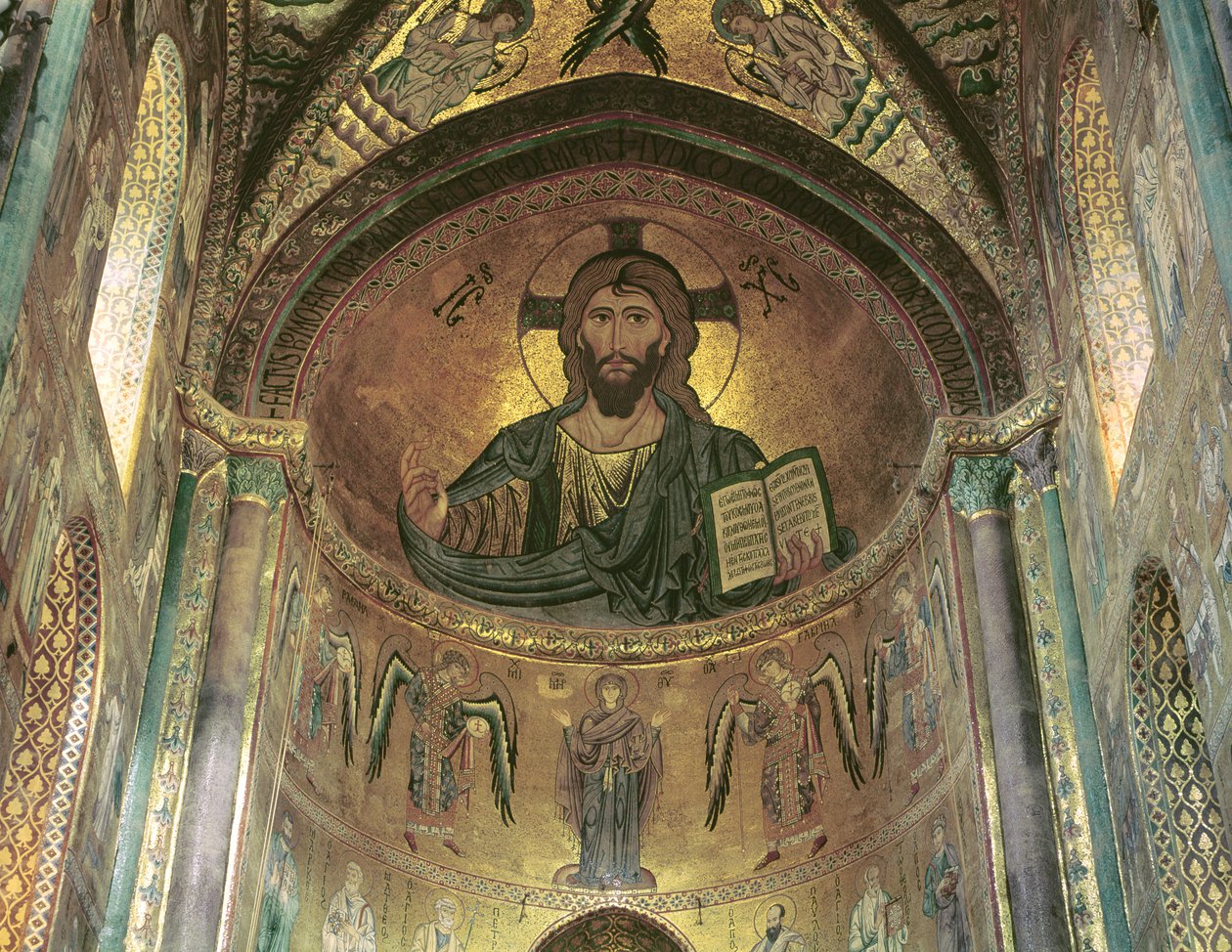 Utsikt over apsis som viser Kristuspantokratoren og jomfruen ved bønn omgitt av erkeengler, 1148 (mosaikk) (se også 97197) av Byzantine School