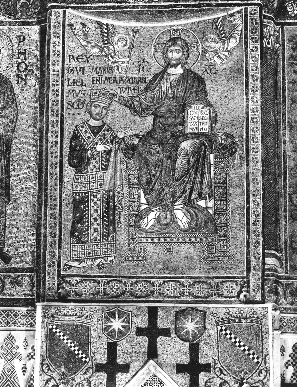 Vilhelm II (1154-89) Konge av Sicilia mottar en krone fra Kristus (mosaikk) av Byzantine School