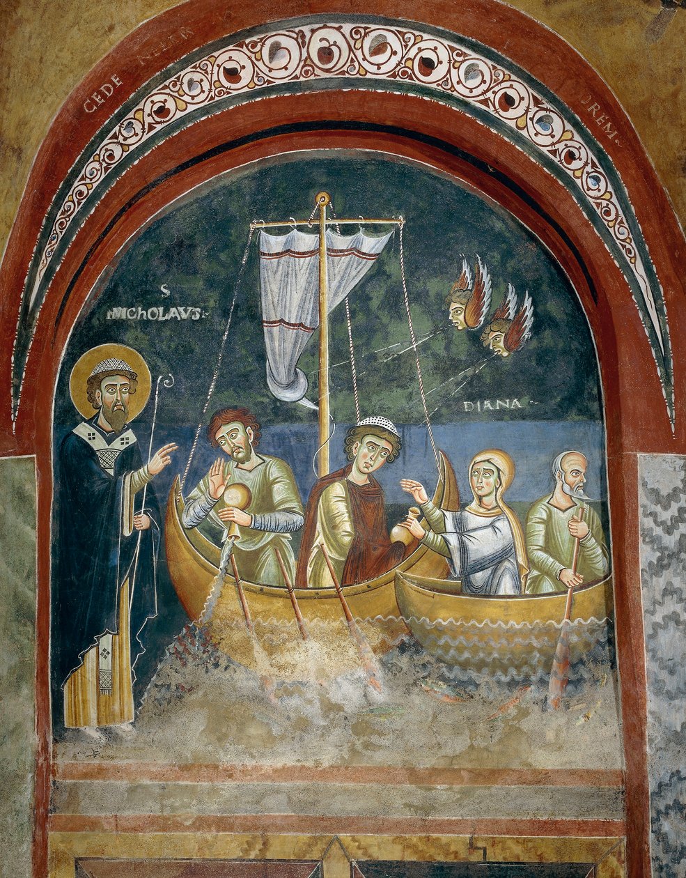 Åpenbaring av Saint Nicholas til skipbrudne reisende, Detalj fra historiene om livet til Saint Nicholas, romanske fresker i bysantinsk stil, sent på 1000-tallet, kapellet Saint Eldrad og Saint Nicholas, Novalesa Abbey, Piemonte, Italia av Byzantine
