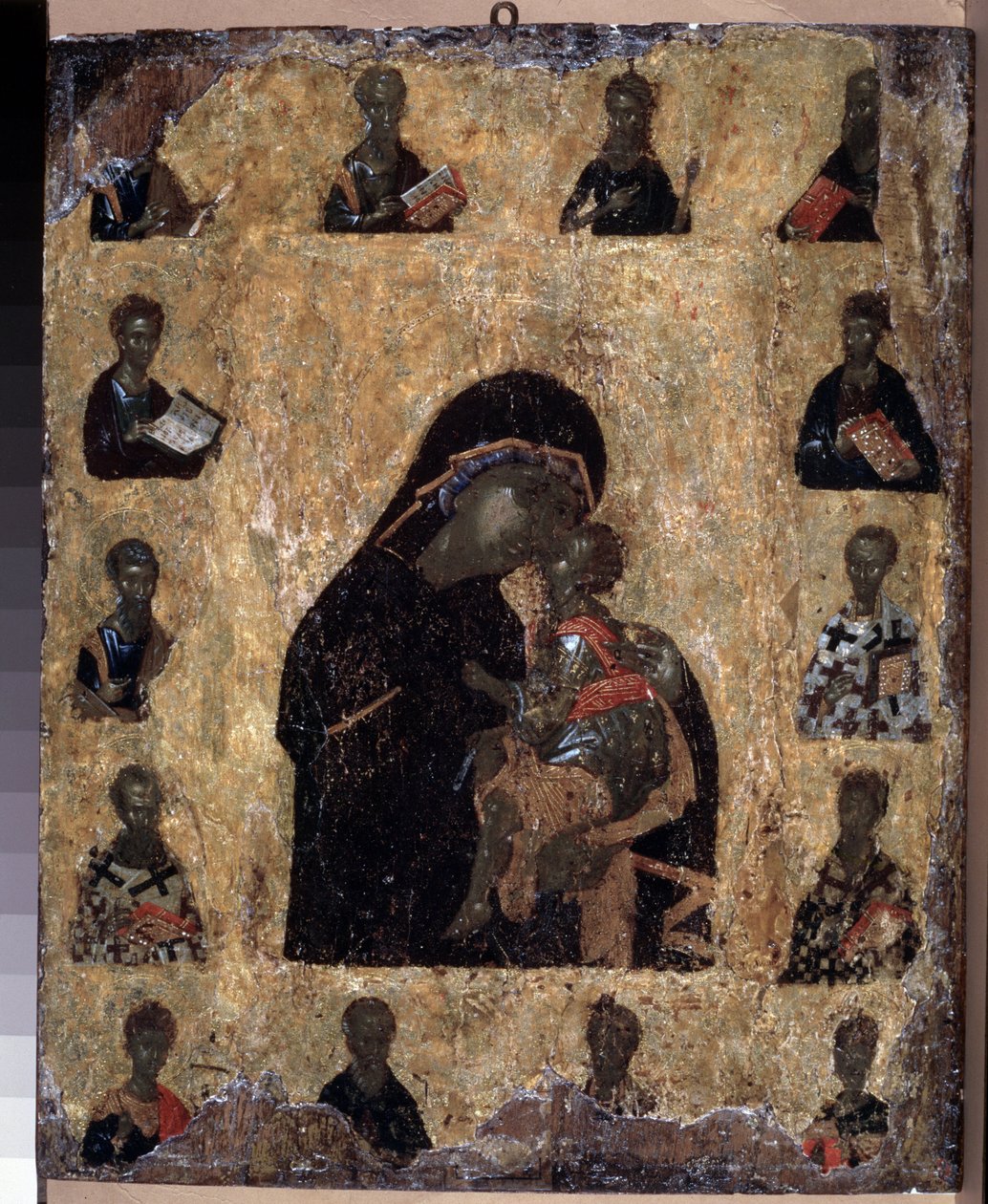 Bysantinsk kunst: ""The Virgin of Tenderness with Saints"" eller ""Virgin of Eleousa"" (Virgin of Tenderness with the Saints (The Virgin Eleusa) 1300-tallsikon Hermitage Museum, Saint Petersburg (Saint-Petersburg ) av Byzantine